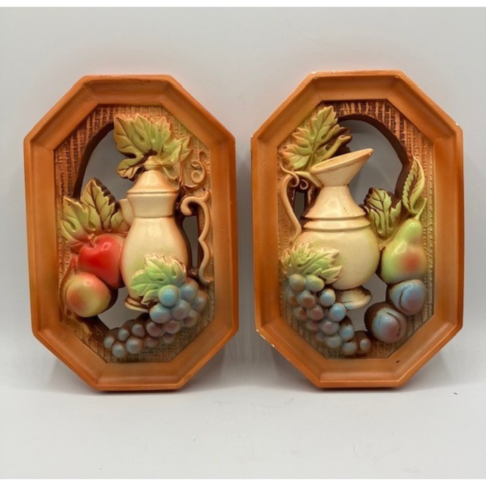 1983 Miller Studio Chalkware Plaques Fruit‎ & Urn Motif Vintage 8"H x 5.25"L
